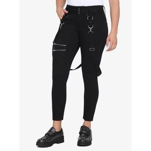 Hot Topic HT Denim Black Suspender Straps Super Skinny Jeans Zipper Patch Detail